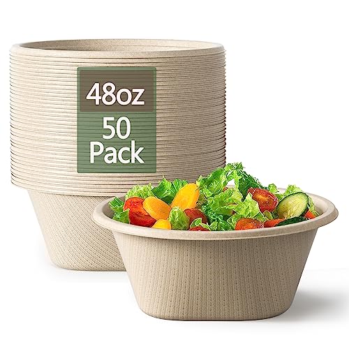 Homestockplus Compostable Bowls - Heavy Duty, Microwave Safe, Made from Sugarcane & Bamboo - 50 Pack