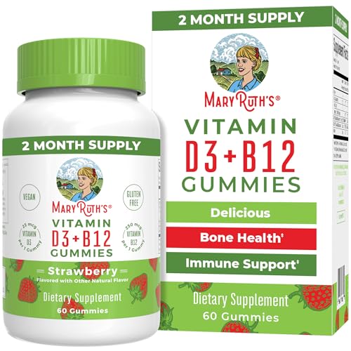 MaryRuth Organics Vegan Vitamin D3 + B12 Gummies - Bone & Immune Support, Non-GMO - 60 Count