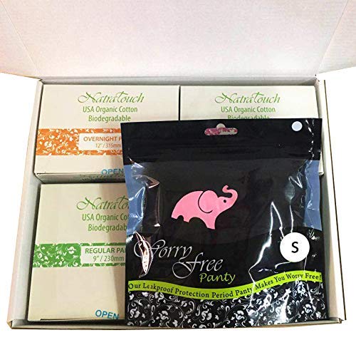 NatraTouch WorryFree First Period Kit - Organic Cotton Pads, Leakproof Panty, Small Size