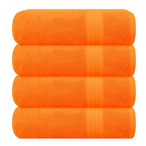 GLAMBURG Premium Cotton Bath Towel Set - Ultra Soft & Highly Absorbent - 4 Towels, 27x54, Orange