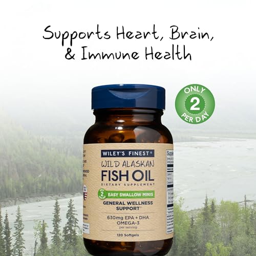 Wiley's Finest Omega-3 Fish Oil - Heart & Skin Support, Easy-Swallow Mini Softgels - 120 Count