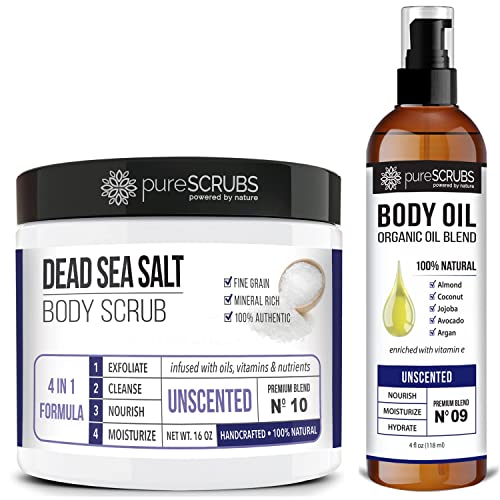 pureSCRUBS Body Scrub & Oil Bundle - Exfoliate, Nourish, Moisturize - Unscented, 12oz