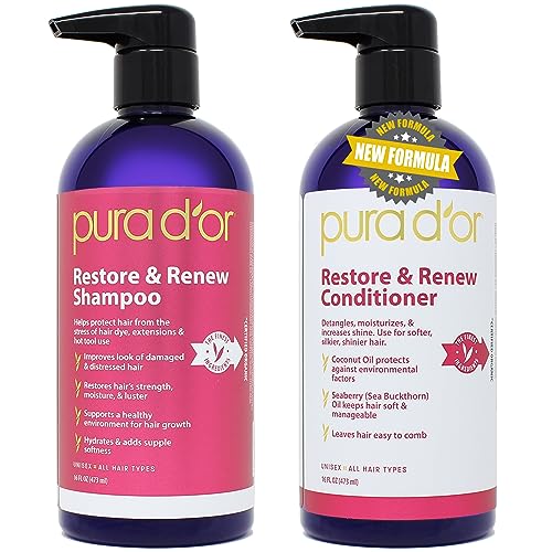 PURA D'OR Restore & Renew Shampoo & Conditioner Set - Nourishes & Strengthens Hair - 16oz