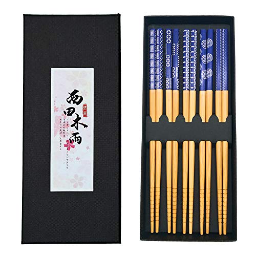 Caalio Bamboo Chopsticks Set - Reusable, BPA-Free, Non-Slip Design, 5 Pairs, Blue Flowers - 22.5cm