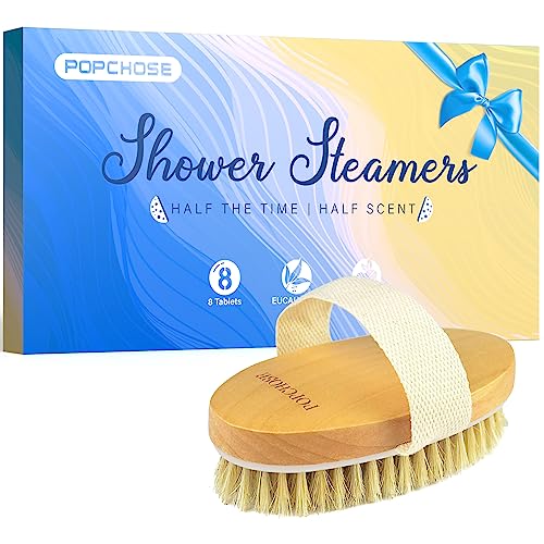 POPCHOSE Shower Steamer Gift Set - Eucalyptus Aroma, Natural Ingredients, Body Brush - 8 Pack