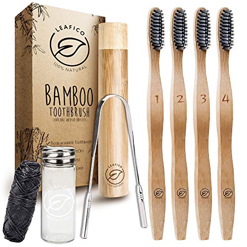 LEAFICO Bamboo Dental Care Kit - Natural Whitening, BPA-Free, Vegan - 4 Toothbrushes, Case