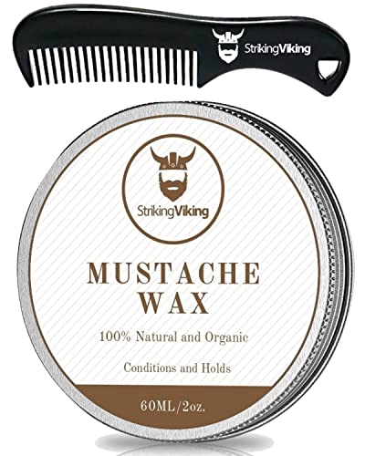 Striking Viking Mustache Wax & Comb Kit - Strong Hold, Natural Beeswax, Sandalwood - 2oz