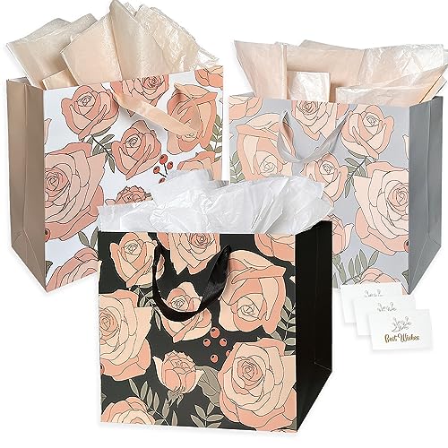 AMROSE Gift Set for Women - Elegant Rose Design, Recyclable Paper Bags with Card & Tissue - 3PK