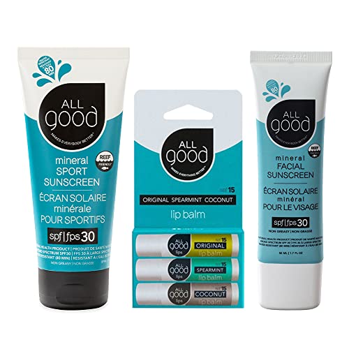 All Good SPF 30 Sport Sunscreen & SPF 15 Lip Balm 3-Pack - Hydrating, Reef-Safe - 4 Items