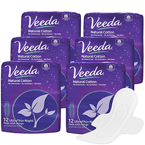 Veeda Ultra Thin Night Pads - Super Absorbent, Hypoallergenic, Natural Cotton - 72 Count