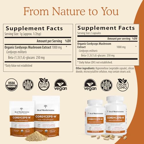 Real Mushrooms Immune Support Bundle - Turkey Tail, Lion’s Mane & Cordyceps-M - 45g & 120 Capsules