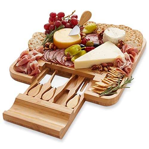 Casafield Bamboo Cheese Cutting Board Set - Organic Material, 4 Stainless Steel Utensils - 13.25"