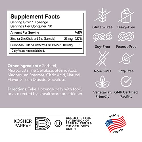 Zahler Elderberry Zinc Lozenges - Immune Support with 25mg Zinc, Kosher, Made in USA - 90 Count