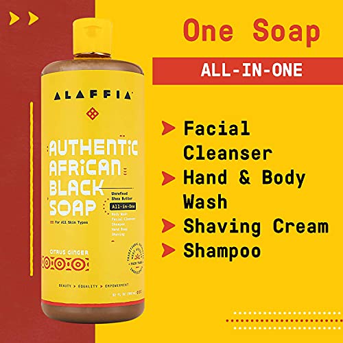 Alaffia Authentic African Black Soap - Detoxifying Body Wash & Facial Cleanser, Citrus Ginger - 32oz