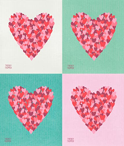 Trendy Tripper Swedish Dish Cloths - Reusable, Compostable, Super Absorbent - 4-Pack, Lovely Hearts