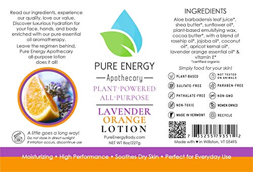 Pure Energy Apothecary Body Lotion - All Natural, Lavender Orange, PETA Certified Vegan - 8 oz