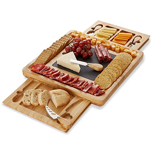 Casafield Charcuterie Board - Bamboo Gift Set with Slate Plate & Utensils, Large 14.25"