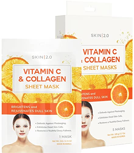 Skin 2.0 Vitamin C & Collagen Sheet Mask - Brightens, Firms & Moisturizes - 5 Masks