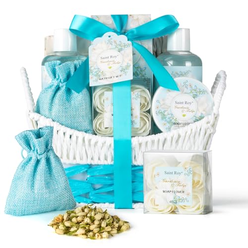 Gardenia & Tulip Bath and Body Set - Complete Skin Care, Chic Cosmetic Bag - 8 Pieces