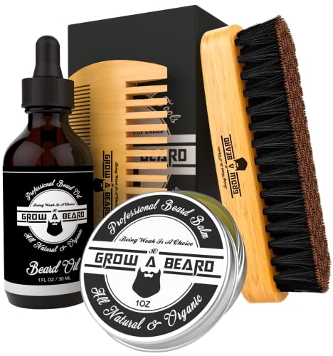 Grooming Set for Men - Beard Growth Oil, Balm & Boar Bristle Brush, Travel Kit - Perfect Gift