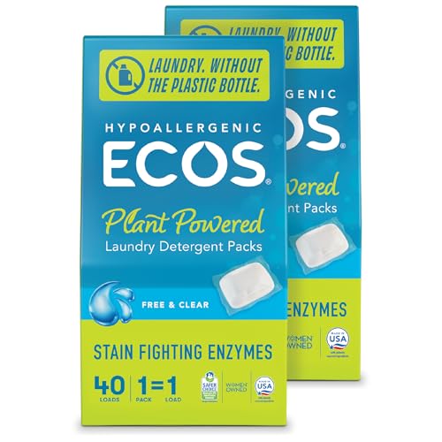 ECOS Concentrated Laundry Detergent Packs - No Mess, Hypoallergenic, 80 Loads, Plastic Free