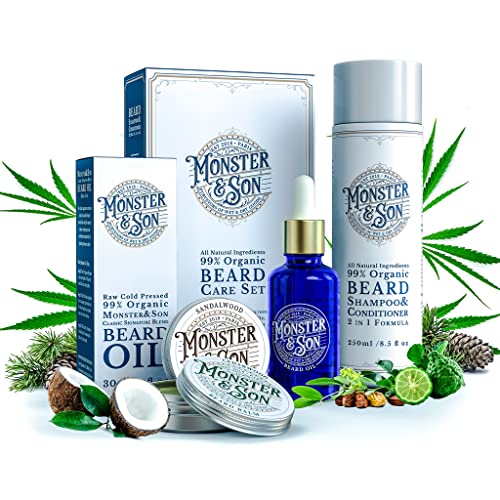 Monster&Son Beard Care Set - Nourish & Thicken Facial Hair, All Natural Ingredients - 4 Items