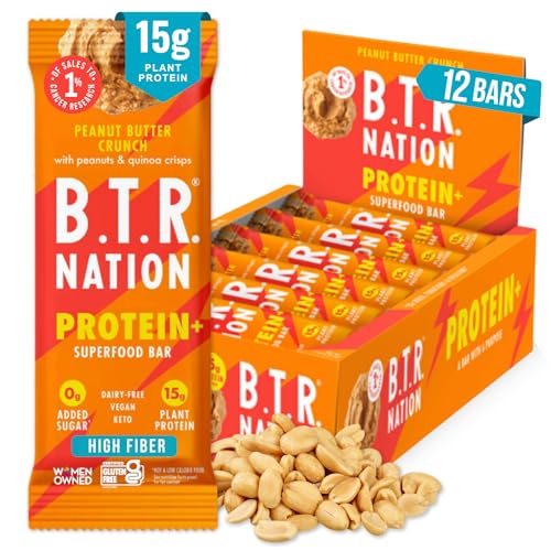 B.T.R. Vegan Keto Protein Bars - 15g Plant Protein, No Added Sugar, 12 Bars, Peanut Butter Crunch