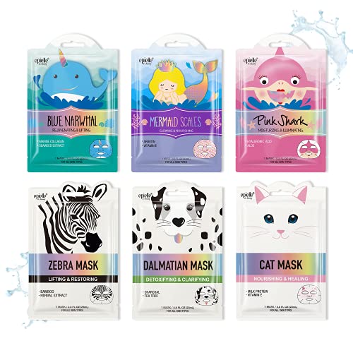 Epielle Animal Character Skin Care Masks - Nourishing & Hydrating, Vegan & Cruelty-Free - 6 Pack