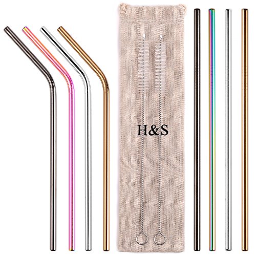 H&S Reusable Metal Straw Set - Non-Toxic, Dishwasher Safe, 8 Multi-Colored Straws & Pouch