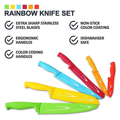 Rainbow Kitchen Knife Set - Sharp Blades, Ergonomic Handles, Dishwasher Safe - 12 Pieces