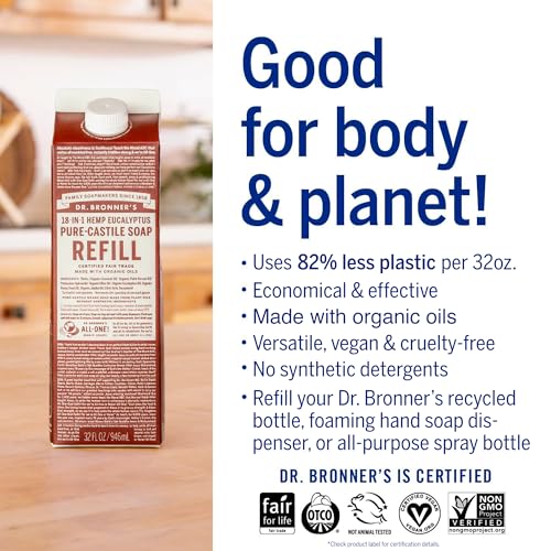 Dr. Bronner's Body Soap - Organic, Vegan, 82% Less Plastic, Eucalyptus - 32oz Concentrate