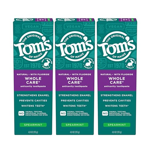 Tom's of Maine Whole Care Toothpaste - Fluoride, Fresh Spearmint, 3-Pack, 4oz Tubes