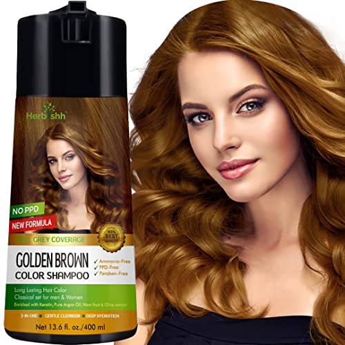 Herbishh Hair Dye Shampoo - Revitalizes Gray Hair, Keratin Enriched, Golden Brown - 400ml