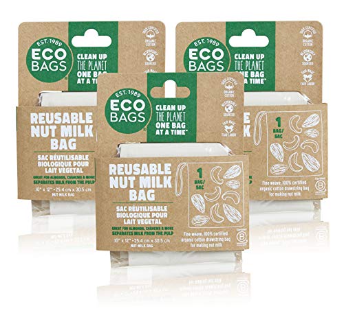 ECOBAGS Organic Cotton Nut Milk Bags - Make Nut Milk Easily, GOTS Certified - Pack of 3