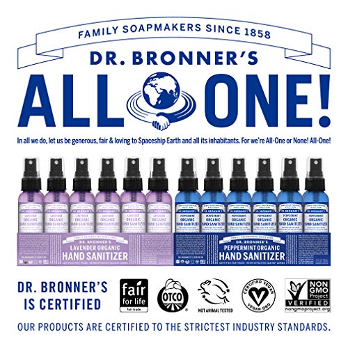 Dr. Bronner's Organic Hand Sanitizer Spray - Cleans & Moisturizes, 4 Simple Ingredients - 2oz 2-Pack