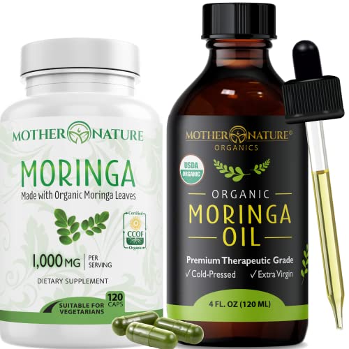 Mother Nature Organics Moringa Bundle - Nourishing Skin & Hair, Organic Oil & Capsules - 60ct