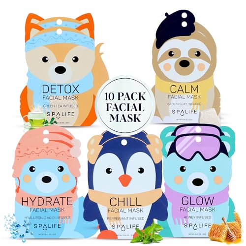 SpaLife Facial Mask Set - Hydrating & Rejuvenating with Natural Extracts - 10 Sheet Masks