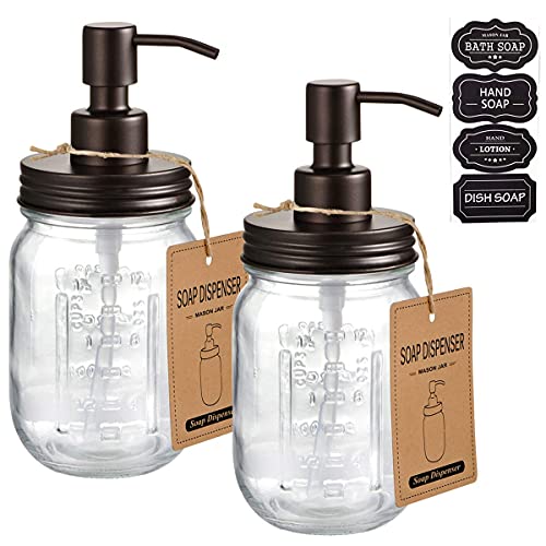 Amolliar Mason Jar Soap Dispenser - Stylish Bronze Pump, Durable Glass & BPA-Free - 16oz 2PC