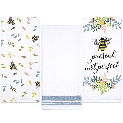 Charming Bee Print Kitchen Linens Set - Low-Lint, Absorbent 100% Cotton, 3 Pack 28x29 in