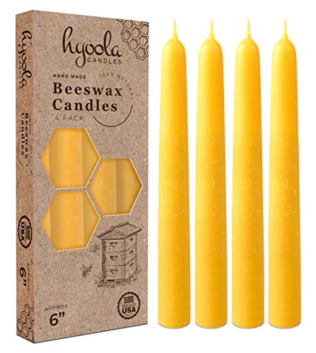 Hyoola Beeswax Taper Candles - Non-Toxic, Dripless, Soft Glow - 6 Hour Burn, Yellow - 4 Pack