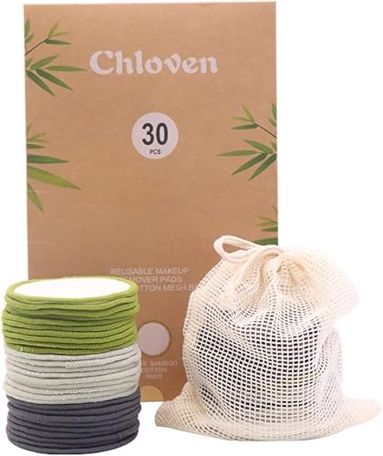 Chloven Reusable Makeup Remover Pads - Gentle Cleansing, Bamboo Cotton, 30 Pack with Laundry Bag