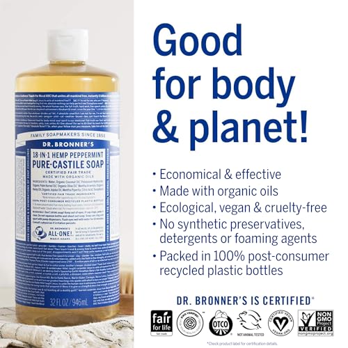 Dr. Bronner’s Pure-Castile Liquid Soap - Organic Oils, Vegan, 18-in-1 Uses - 25oz, 2-Pack