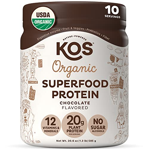 KOS Vegan Protein Powder - Chocolate, 20g Protein, USDA Organic, Gluten & Soy Free - 10 Servings