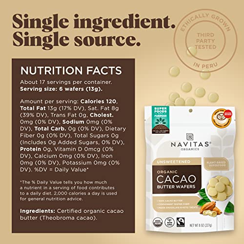 Navitas Organics Cacao Butter Wafers - Nourishing Moisturizer, Organic & Fairtrade - 8oz