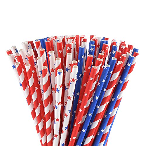 ALINK Drinking Straw & Stirrer Set - Biodegradable, 100 Patriotic Paper Straws, 7.75" - Red/Blue