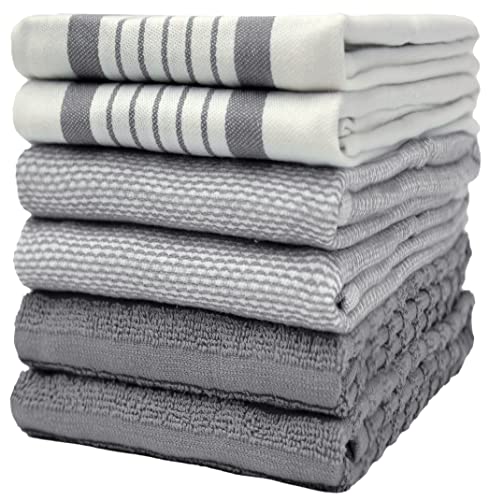 Bumble Kitchen Towel Set - Soft, Absorbent Cotton, Hanging Loop, 6-Pack, 20x28" Grey Striped