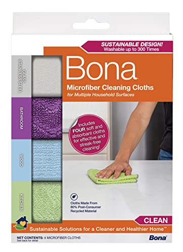 Bona® Microfiber Cleaning Cloths - Soft, Absorbent, Reusable, 80% Recyclable - 4 Pack