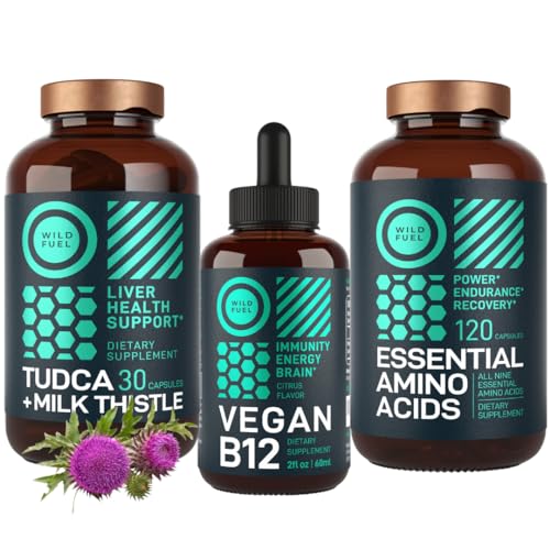 WILD FUEL Vitamins & Supplements Bundle - Energy Support, Liver Health, Vegan B12 - 2oz & 120 Caps