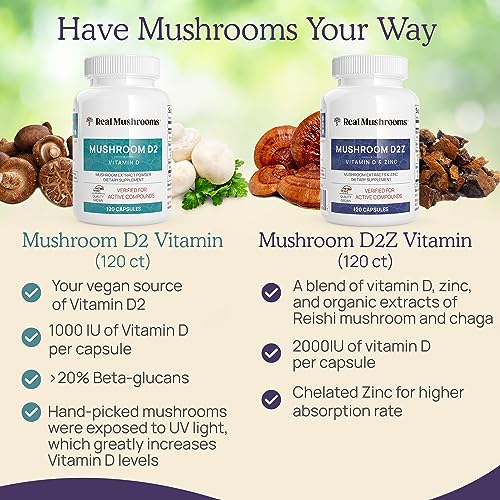 Real Mushrooms Vitamin D2 & Zinc Bundle - Immunity & Cognitive Support, Vegan, 120ct + 300ct