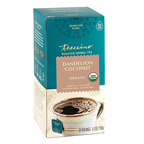 Teeccino Dandelion Coconut Tea - Detox & Gut Health Boost, Caffeine-Free - 25 Tea Bags